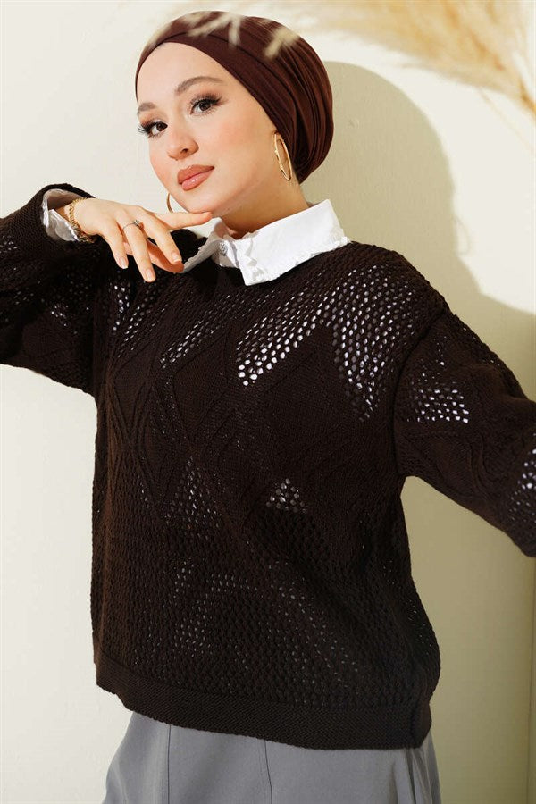 Baklava Pattern Openwork Knit Sweater, Coffee