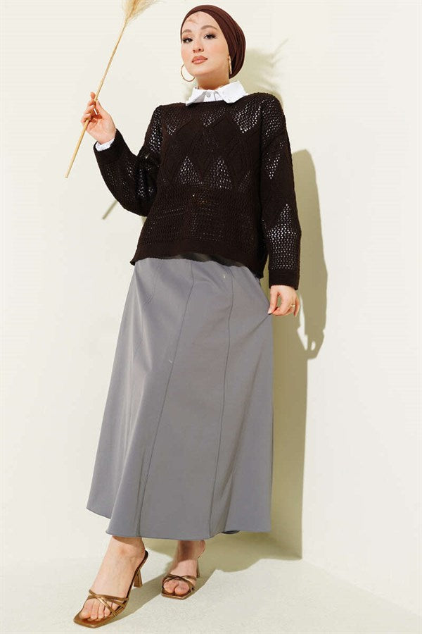 Baklava Pattern Openwork Knit Sweater, Coffee