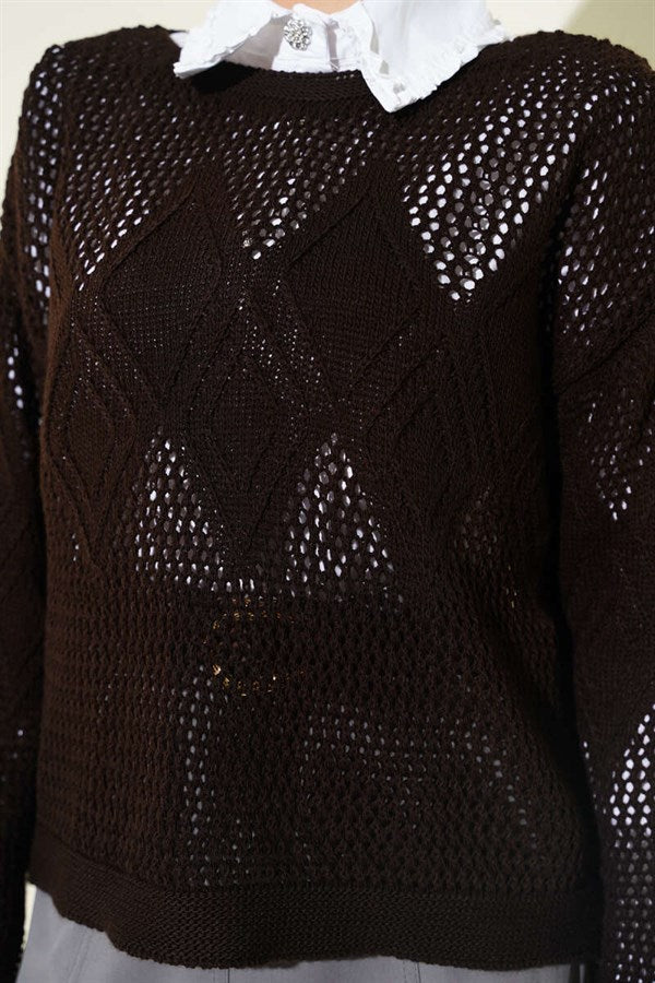 Baklava Pattern Openwork Knit Sweater, Coffee