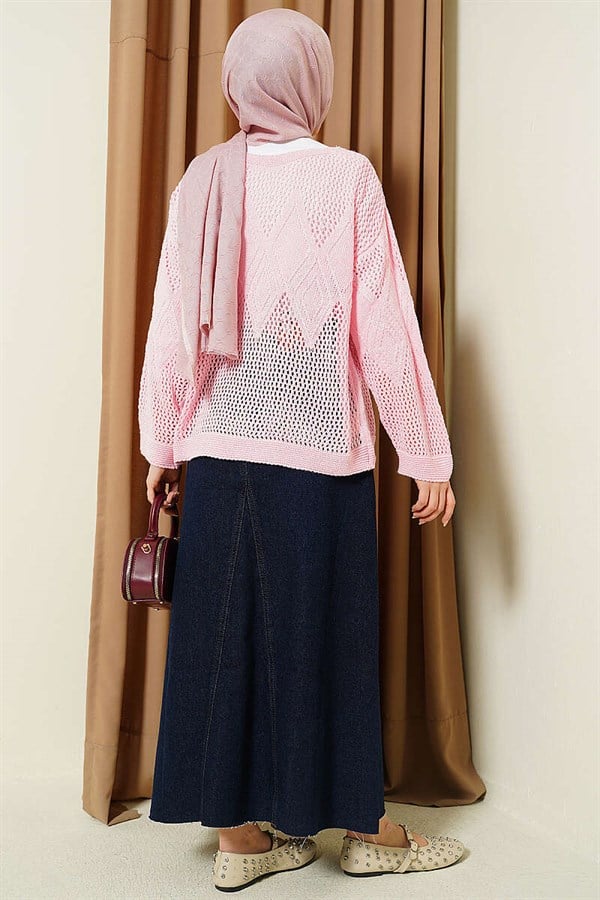 Baklava Pattern Openwork Knit Sweater Pink