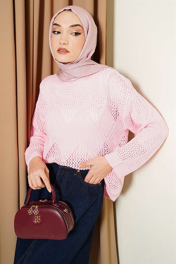 Baklava Pattern Openwork Knit Sweater Pink