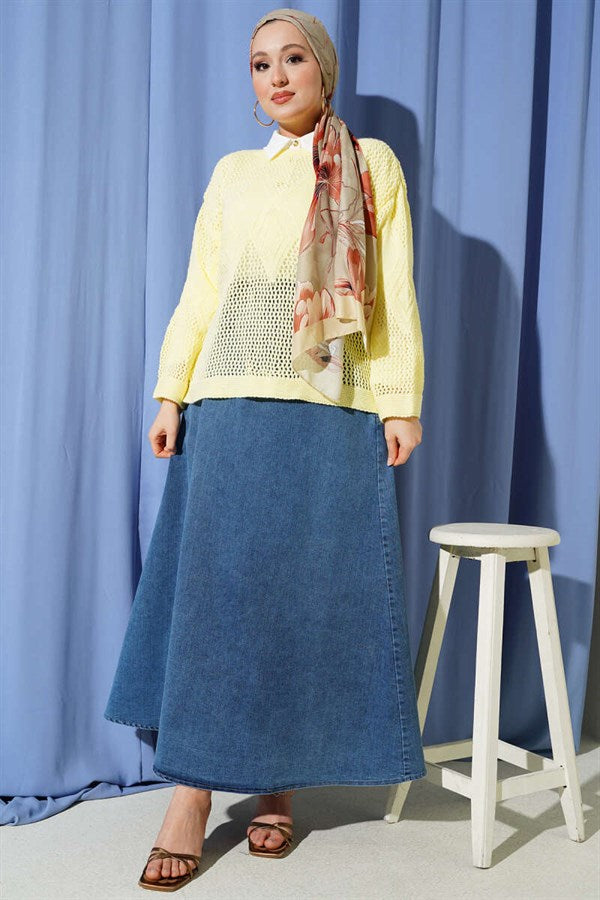 Baklava Pattern Openwork Knit Sweater Yellow