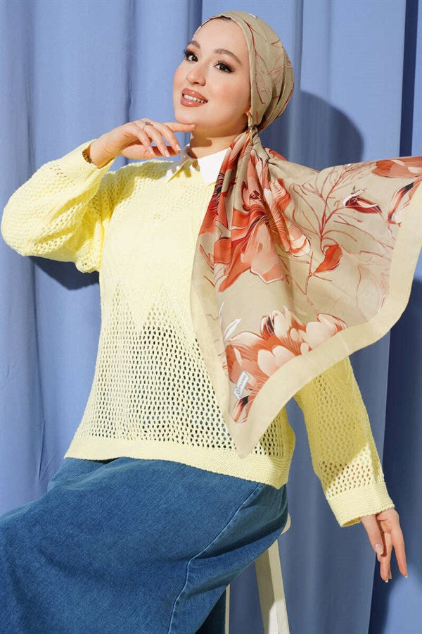Baklava Pattern Openwork Knit Sweater Yellow