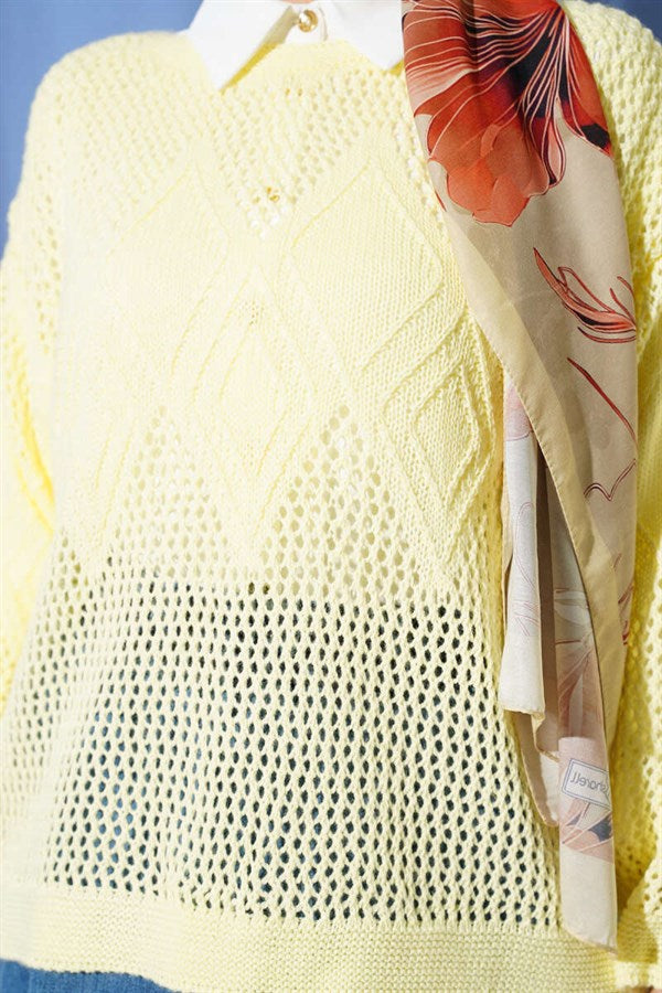 Baklava Pattern Openwork Knit Sweater Yellow