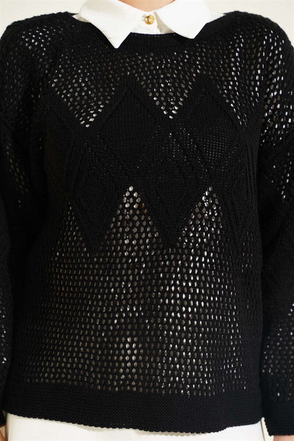 Baklava Pattern Openwork Knit Sweater Black