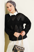 Baklava Pattern Openwork Knit Sweater Black