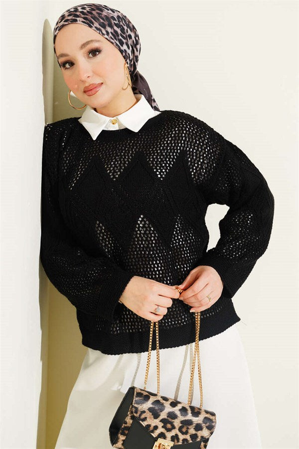 Baklava Pattern Openwork Knit Sweater Black