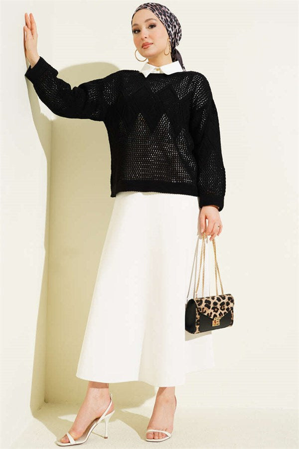 Baklava Pattern Openwork Knit Sweater Black