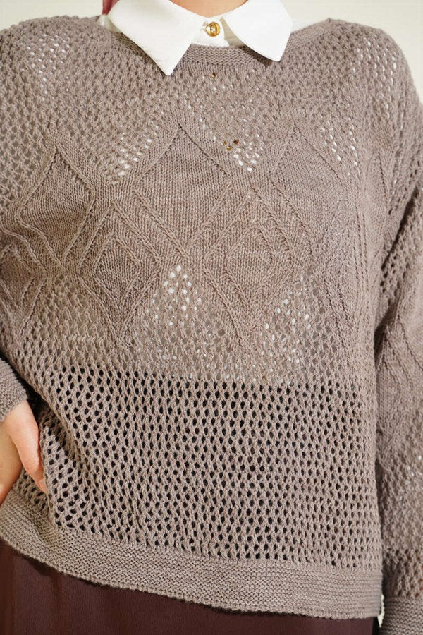 Baklava Pattern Openwork Knit Sweater, Mink