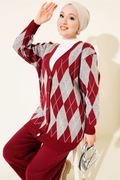 Baklava Pattern Buttoned Knit Cardigan 2 Piece Set, Burgundy