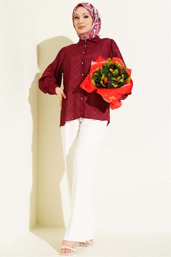 Baklava Pattern Jacquard Shirt Burgundy