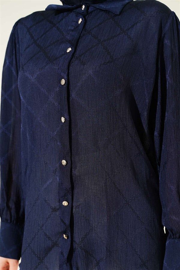 Baklava Pattern Jacquard Shirt Navy Blue