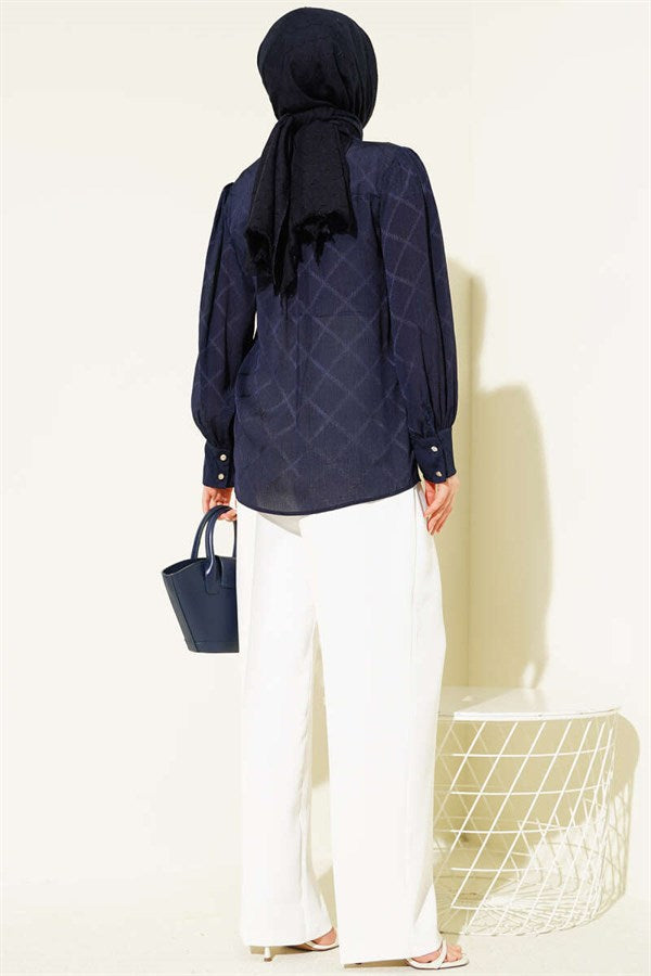 Baklava Pattern Jacquard Shirt Navy Blue