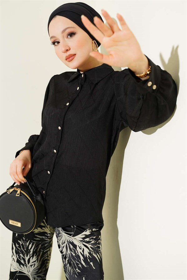 Baklava Pattern Jacquard Shirt Black