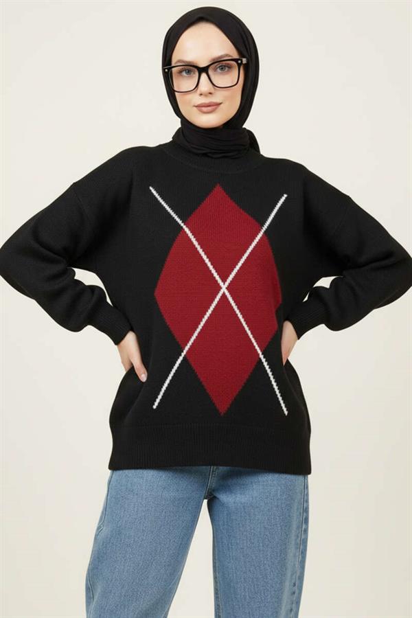 Diamond Pattern Knitwear Sweater Black Claret Red