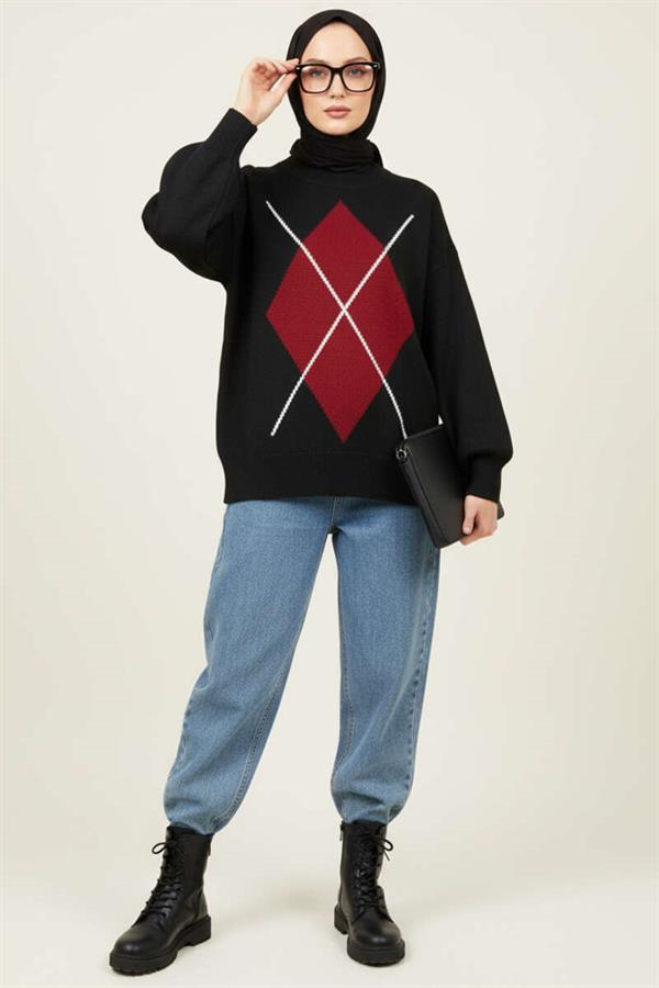Diamond Pattern Knitwear Sweater Black Claret Red