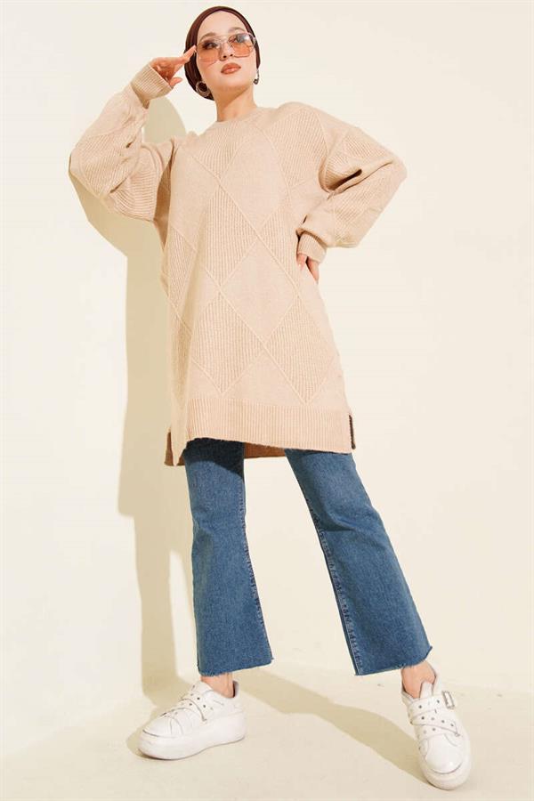 Baklava Embossed Soft Knitwear Tunic Latte
