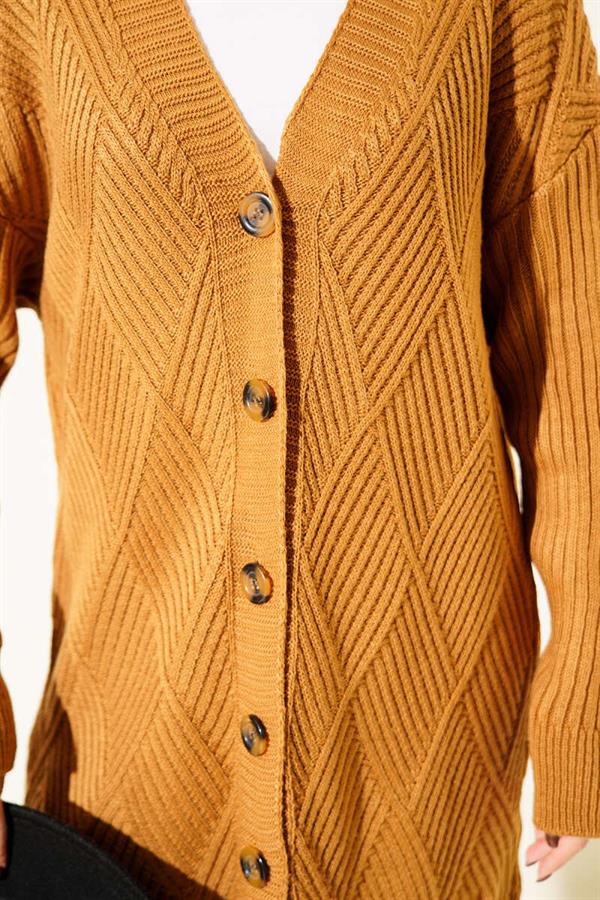 Baklava Patterned Buttoned Knit Cardigan Mustard