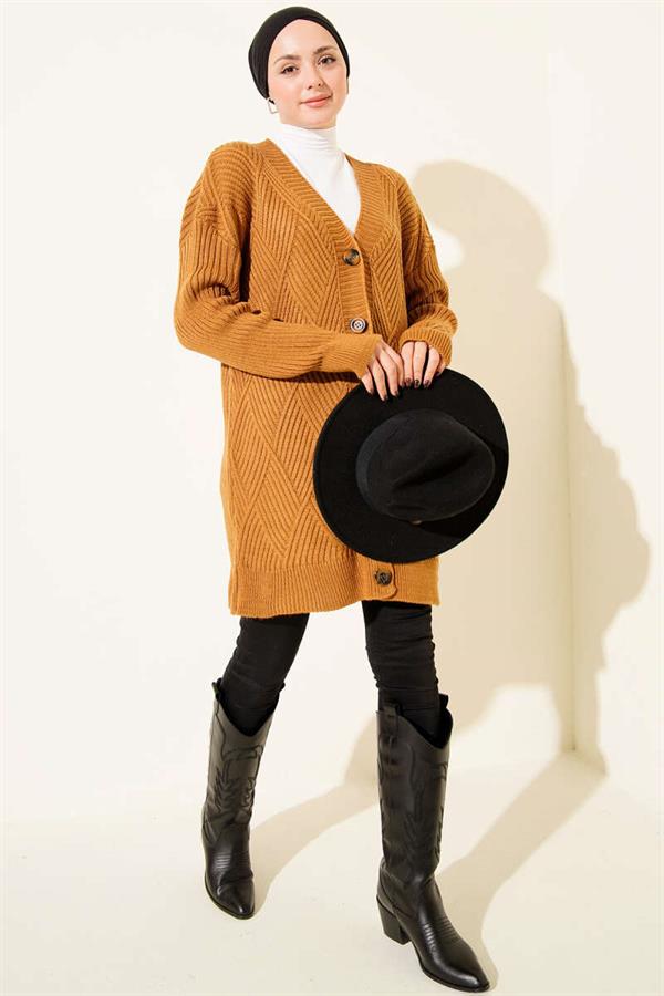Baklava Patterned Buttoned Knit Cardigan Mustard