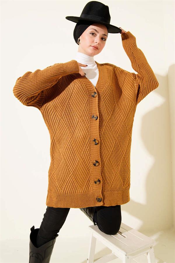 Baklava Patterned Buttoned Knit Cardigan Mustard