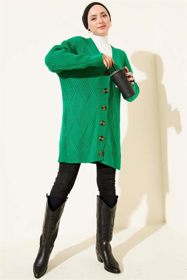Baklava Embossed Buttoned Knit Cardigan Green