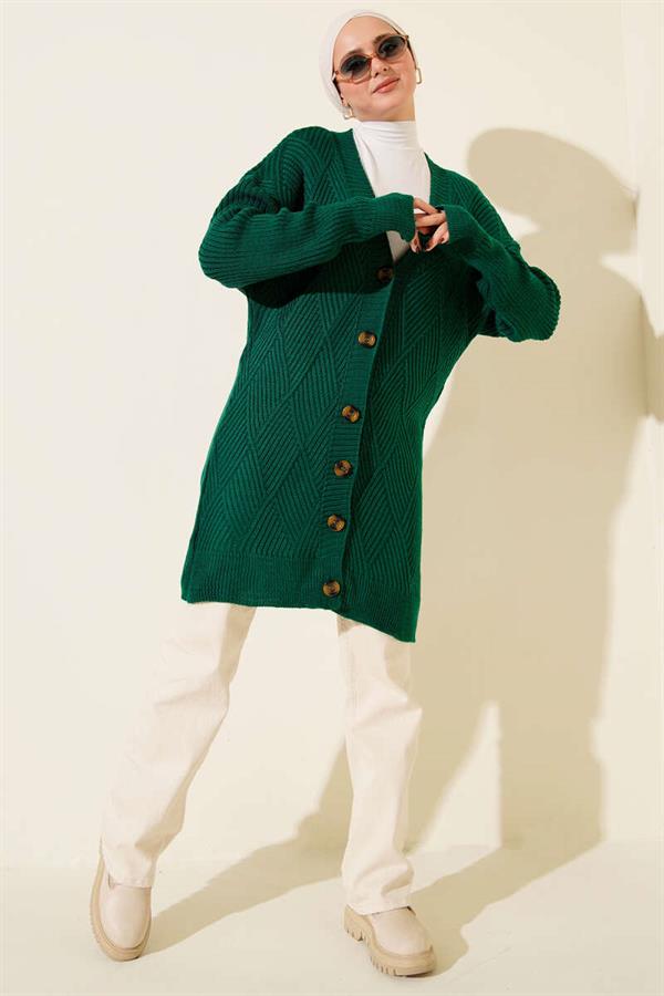 Baklava Patterned Buttoned Knit Cardigan Emerald