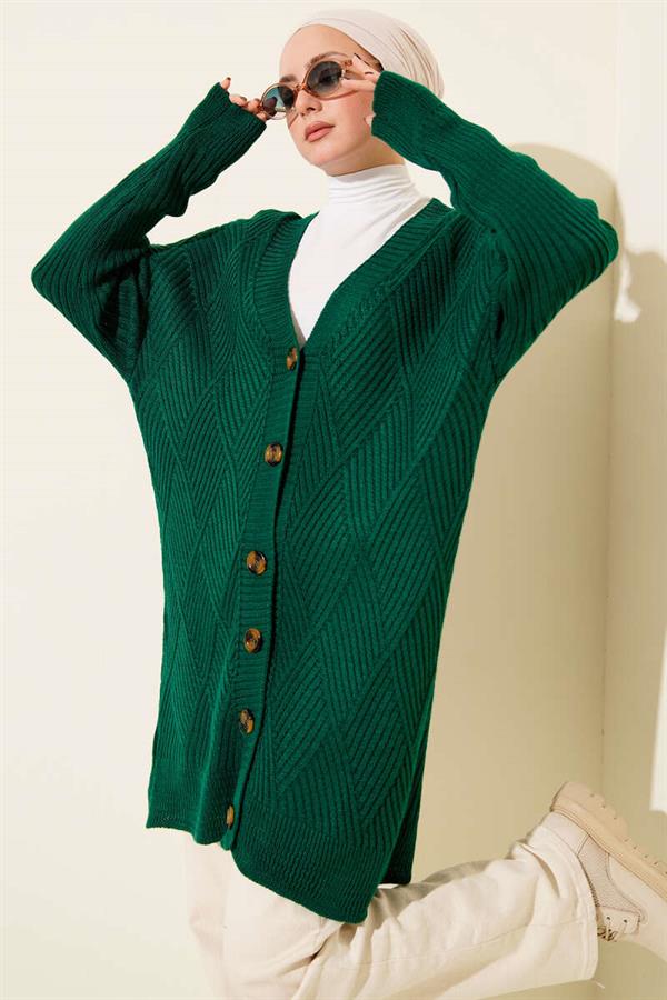Baklava Patterned Buttoned Knit Cardigan Emerald