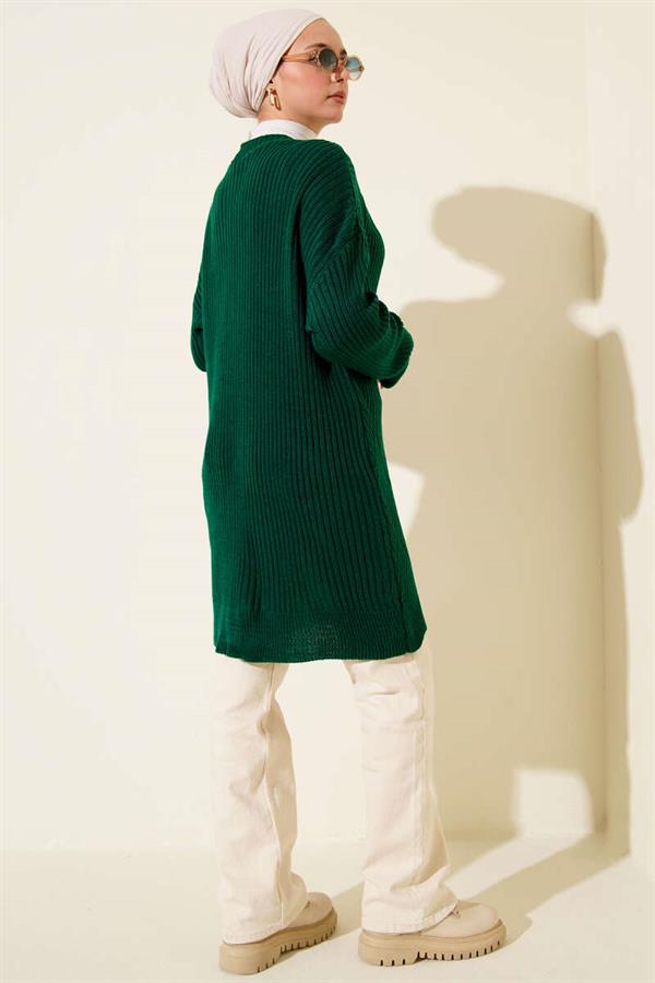 Baklava Patterned Buttoned Knit Cardigan Emerald