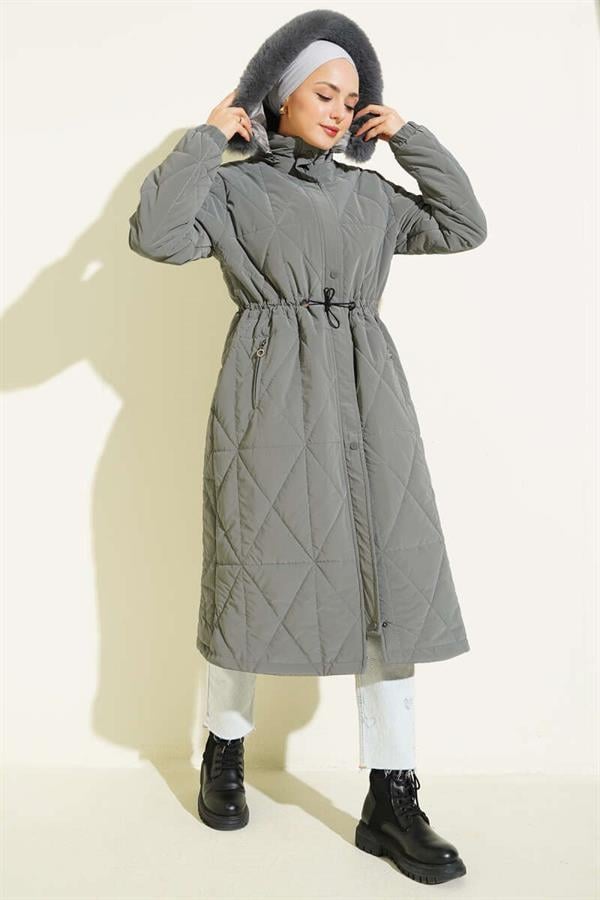 Baklava Quilted Waist Tunnel Long Coat Gray
