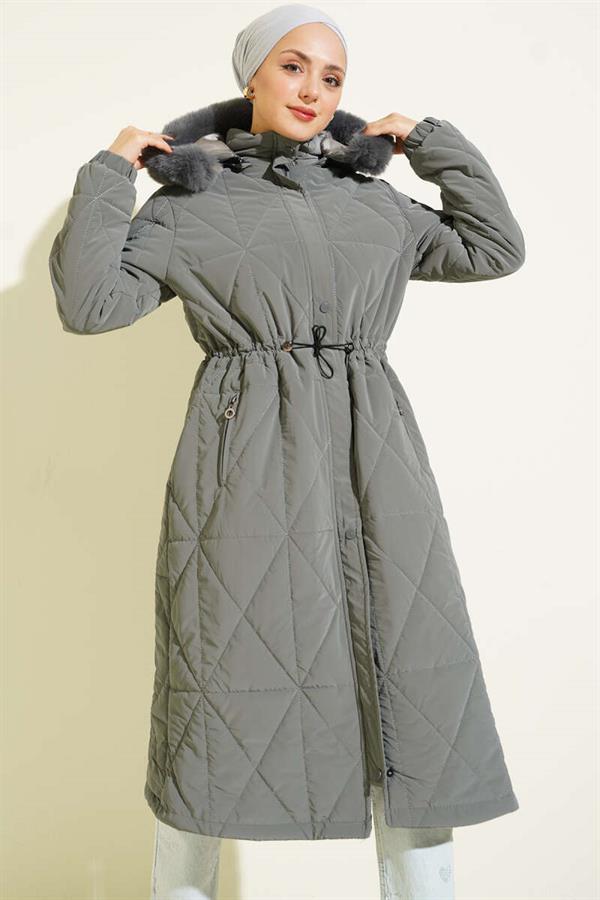 Baklava Quilted Waist Tunnel Long Coat Gray