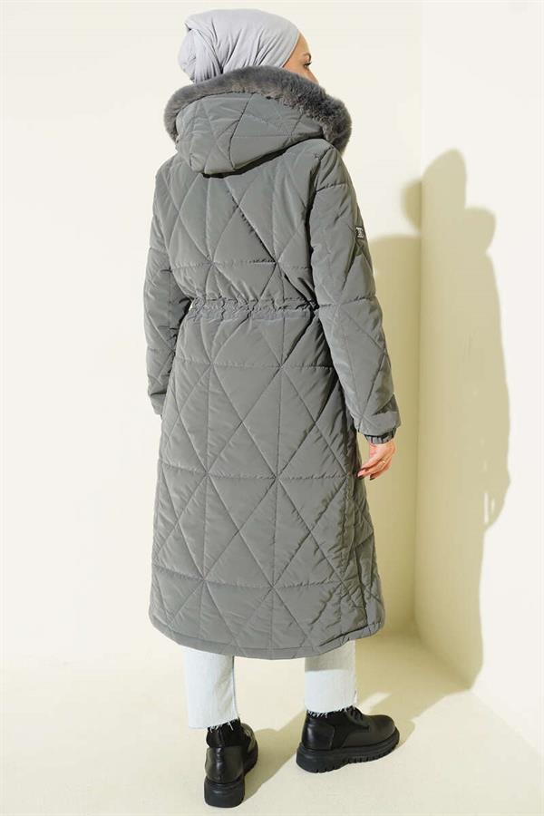 Baklava Quilted Waist Tunnel Long Coat Gray