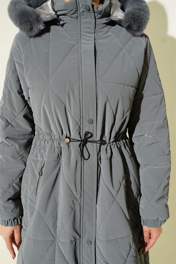 Baklava Quilted Waist Tunnel Long Coat Gray