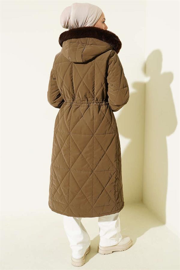 Baklava Quilted Waist Tunnel Long Coat Brown