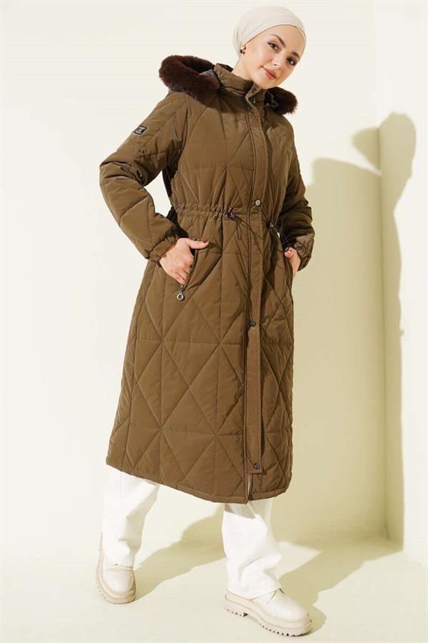 Baklava Quilted Waist Tunnel Long Coat Brown