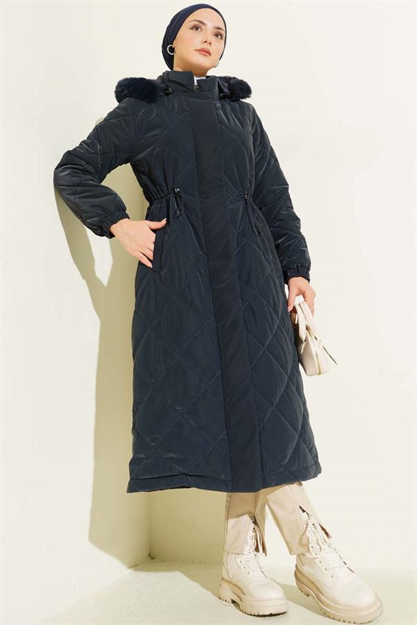 Baklava Quilted Waist Tunnel Long Coat Navy Blue