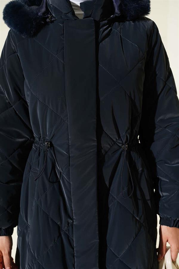 Baklava Quilted Waist Tunnel Long Coat Navy Blue