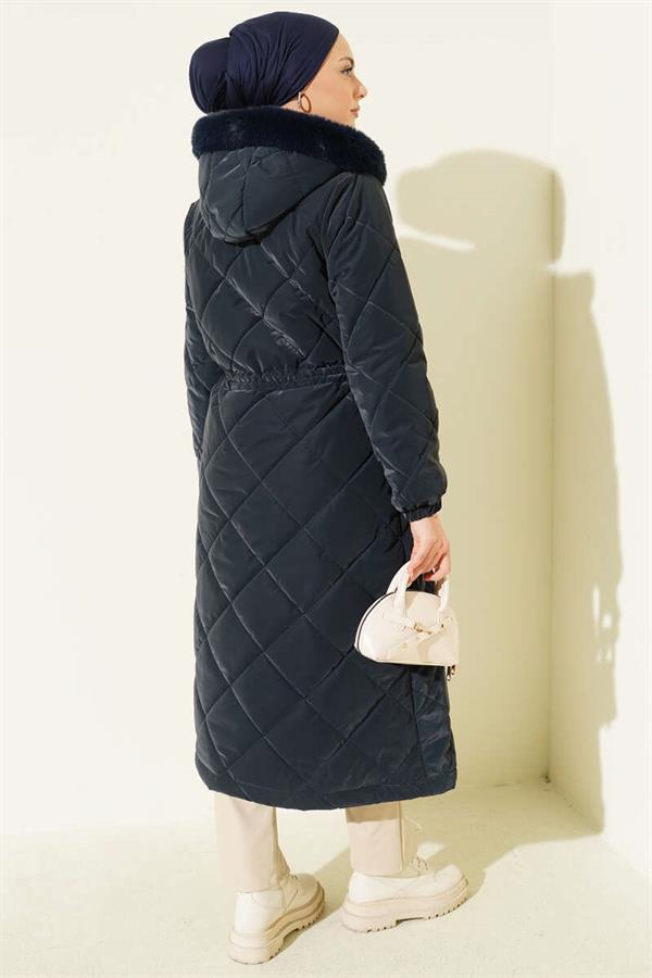 Baklava Quilted Waist Tunnel Long Coat Navy Blue