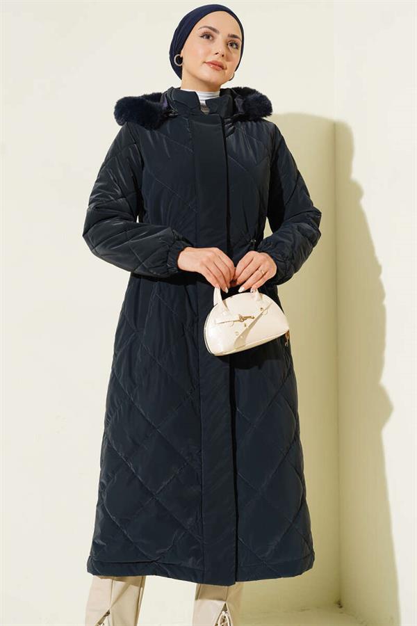 Baklava Quilted Waist Tunnel Long Coat Navy Blue