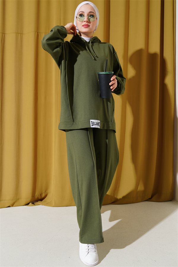 Balance Embroidered Hooded Casual 2 Piece Set Khaki
