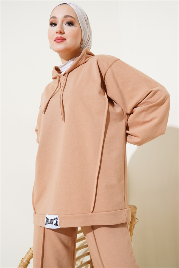 Balance Embroidered Hooded Casual 2 Piece Set Camel