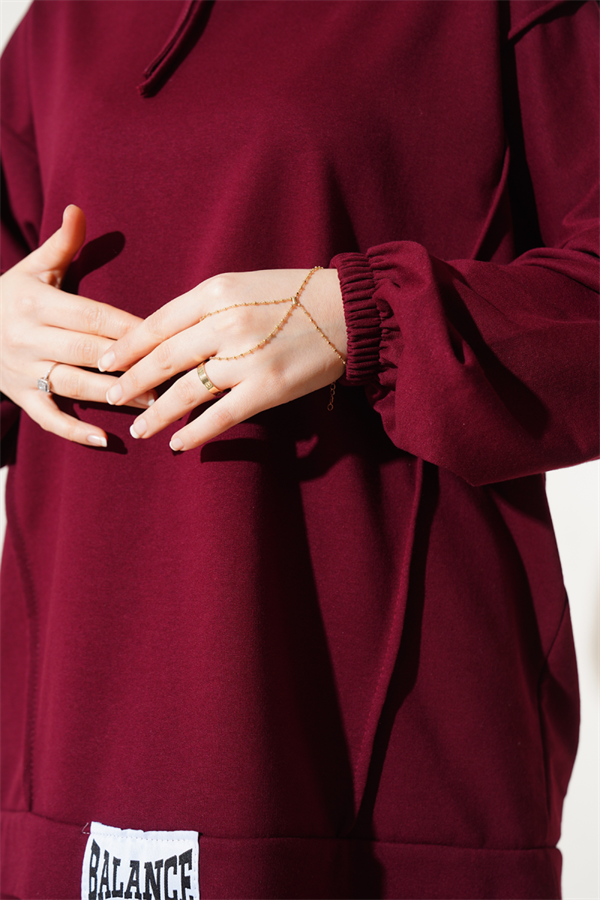 Balance Embroidered Hooded Casual 2 Piece Set Claret Red