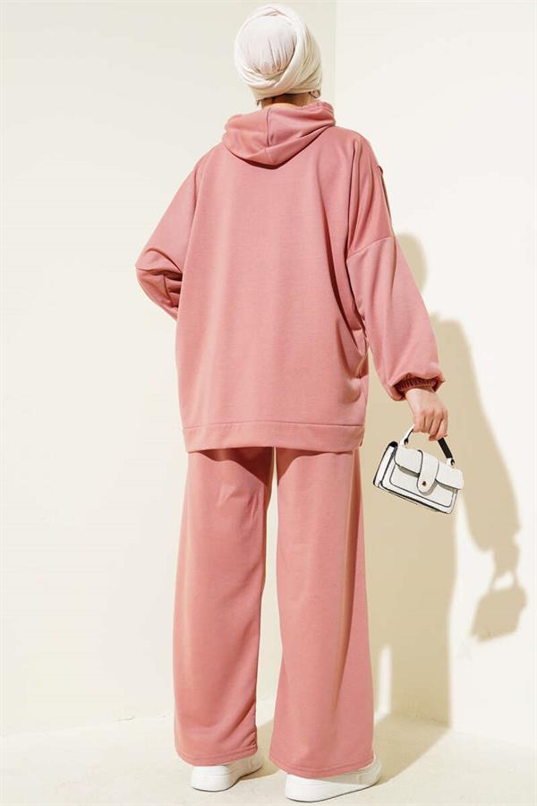 Balance Embroidered Hooded Casual 2 Piece Set Powder