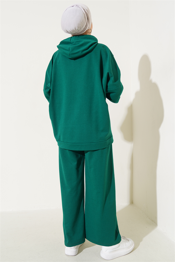 Balance Embroidered Hooded Casual 2 Piece Set Emerald