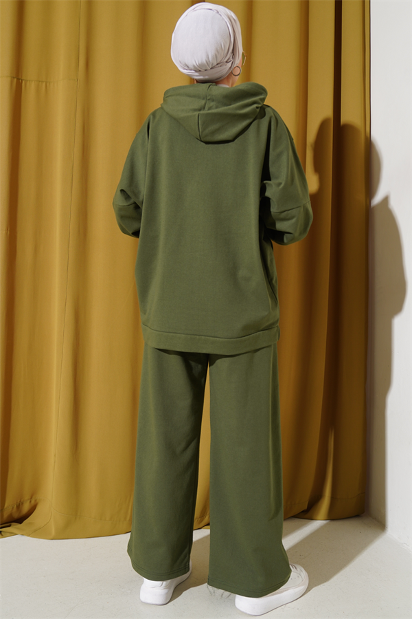 Balance Embroidered Hooded Casual 2 Piece Set Khaki