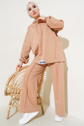 Balance Embroidered Hooded Casual 2 Piece Set Camel