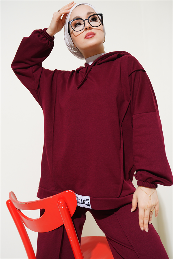 Balance Embroidered Hooded Casual 2 Piece Set Claret Red