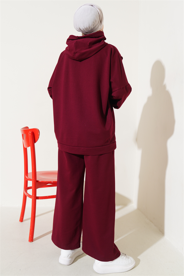 Balance Embroidered Hooded Casual 2 Piece Set Claret Red