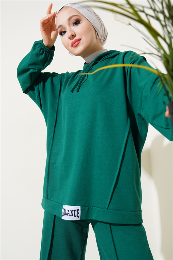 Balance Embroidered Hooded Casual 2 Piece Set Emerald