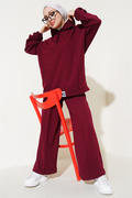 Balance Embroidered Hooded Casual 2 Piece Set Claret Red
