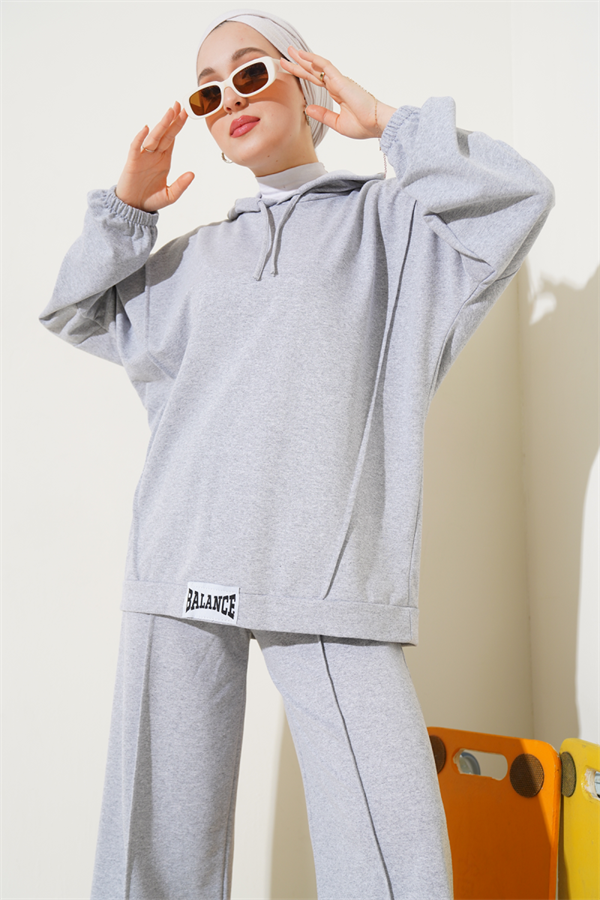 Balance Emblem Hooded Casual 2 Piece Set Melange Gray